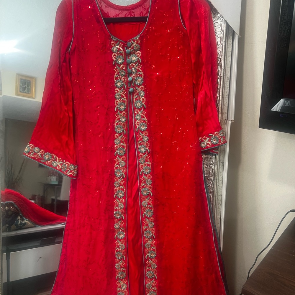 Pakistani Indian Desi outfit Red Embroidered Dress- semi formal dress